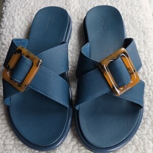 Olukai La'i Lagoon Blue Slide Sandals with Tortoise Shell Big Buckle, 👌
